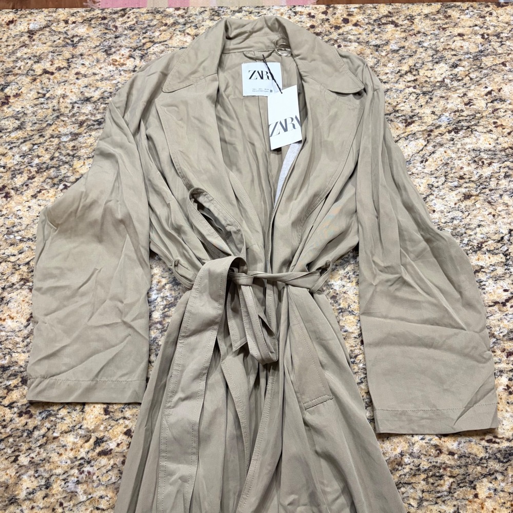 NEW Zara Women Tan Belted Trench Coat Jacket Size L Neutral Outerwear ws
